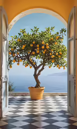 orange tree inside an archway leading to a large blue sea