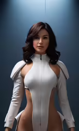 an attractive woman in a white outfit with a cross in the background
