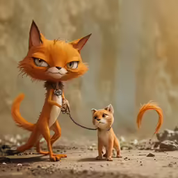 cartoon cat and kitten with leash next to each other