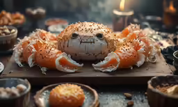 a stuffed crab is in the middle of a display of various kinds of food
