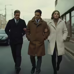 three people walking down a street next to each other