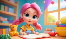 an animated little girl sitting at a desk, with a teddy bear beside her