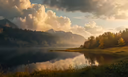 a view of a river and mountains from the shore