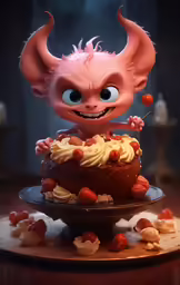a toy doll wearing devilish ears on top of a cake
