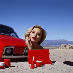 a woman laying in the sand next to an old car