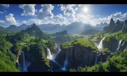 a beautiful place with a mountain, waterfall, trees and clouds