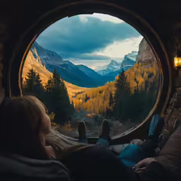 two people sitting in a window with mountains in the background