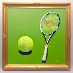there is a tennis racquet with a ball hanging,a painting of tennis rackets and ball