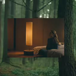 a woman sitting on top of a bed in the woods