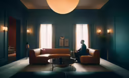 a man sitting in a corner chair in the middle of a living room