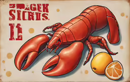the poster has oranges and a large lobster on it