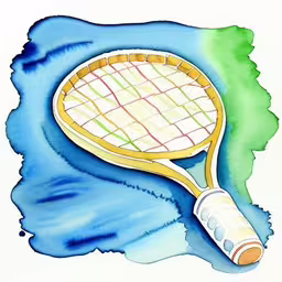 a tennis racket sitting on top of watercolor paper,a drawing of a tennis racket on a blue background,an illustration of a tennis racket that is painted on blue and green water,a painting with a tennis racket in the center,a watercolor painting of a tennis racket and the ball