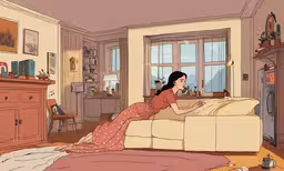 there is a person on a couch reading,an artistic drawing of a lady reading a book