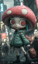 a doll dressed as mushroom on a city street