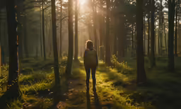 a person is walking in the woods at sunset