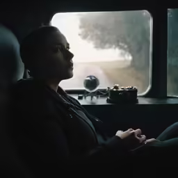 the woman is sitting in the backseat of the car