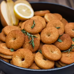 a pan filled with baked finger cookies next to an apple and lemon