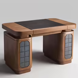 a wooden desk with an oriental pattern on top
