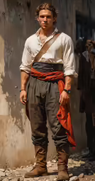a man wearing a large belt is walking on the street