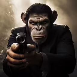 a gorilla wearing a suit, holding a gun