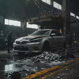 an image of a broken car in a factory