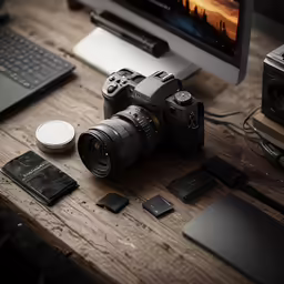 the camera sits on the table near the computer and tablet