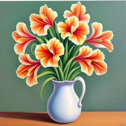 a painting of a vase with flowers in it,the flowers are on display in a vase on the table,a white vase filled with orange and red flowers,painting of orange flowers in a white vase,some orange and yellow flowers in a white vase