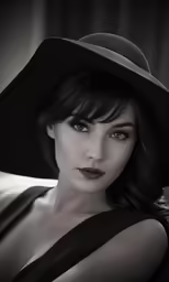 black and white photograph of a woman with short hair wearing a hat