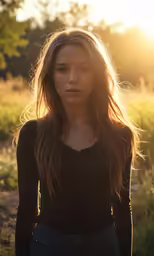a beautiful woman wearing dark clothing and jeans