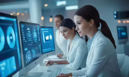 a business group working on computers in an office
