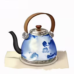 an blue tea kettle with wooden handle and clouds on it