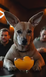 there is a dog on the table next to a glass of orange juice