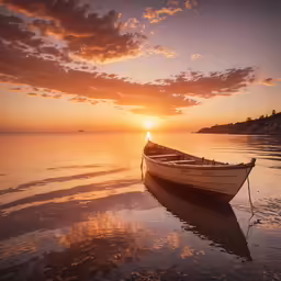 a small boat is on the water at sunset