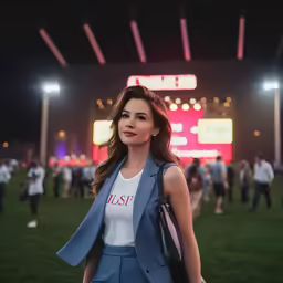 a young woman standing in a stadium wearing a suit and carrying a purse