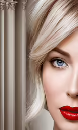 a woman with a red lipstick and blonde hair
