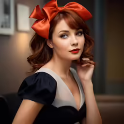 a woman with long hair in a bow in a room