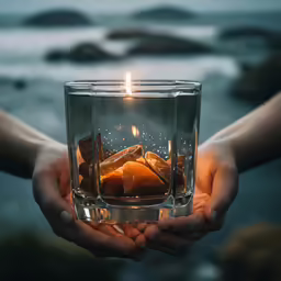 hands holding a glass filled with liquid and an orange slice