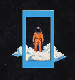 an astronaut standing on the clouds with his head in the air