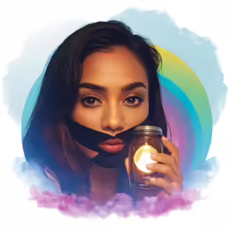 woman in fake makeup holds a jar with glowing light inside