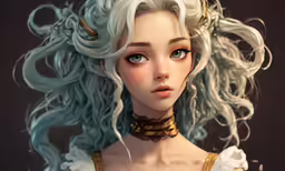 an animation woman wearing an ornate dress and with a curly, blue hair