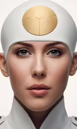 a woman wearing a large head piece and with one eye open