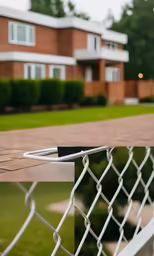 a building with green lawns next to a white chain link fence