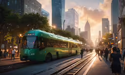 a city bus is coming down the street at dusk,the transit bus is stopped at the curb as people are crossing the road
