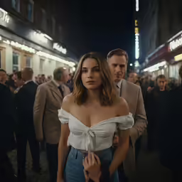 a woman with big breast stands in a crowded city square