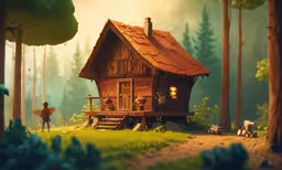 a small log cabin set in the middle of a forest,a tiny house sitting in the middle of a forest