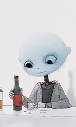 an alien sits at a bar with some beer in front of him