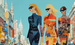 a painting of three women walking down a street