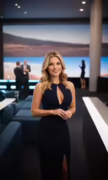 the woman is standing in front of a blue couch