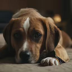 a close up of a dog laying on the ground