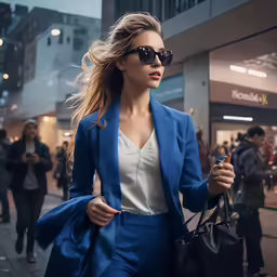 a woman in blue jacket and white top carrying a handbag